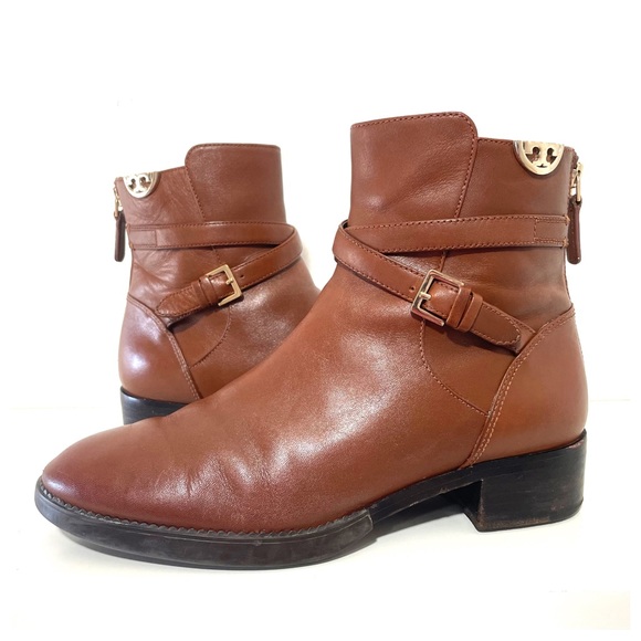 Tory Burch Sidney Low Heel Leather Ankle Bootie in Penny Brown Golden Logo Boots - Picture 4 of 13